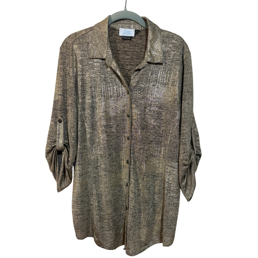 VTG Envy of Palm Beach Button Down Shirt Women Large Gold Metallic Roll Tab Slv - Picture 1 of 6